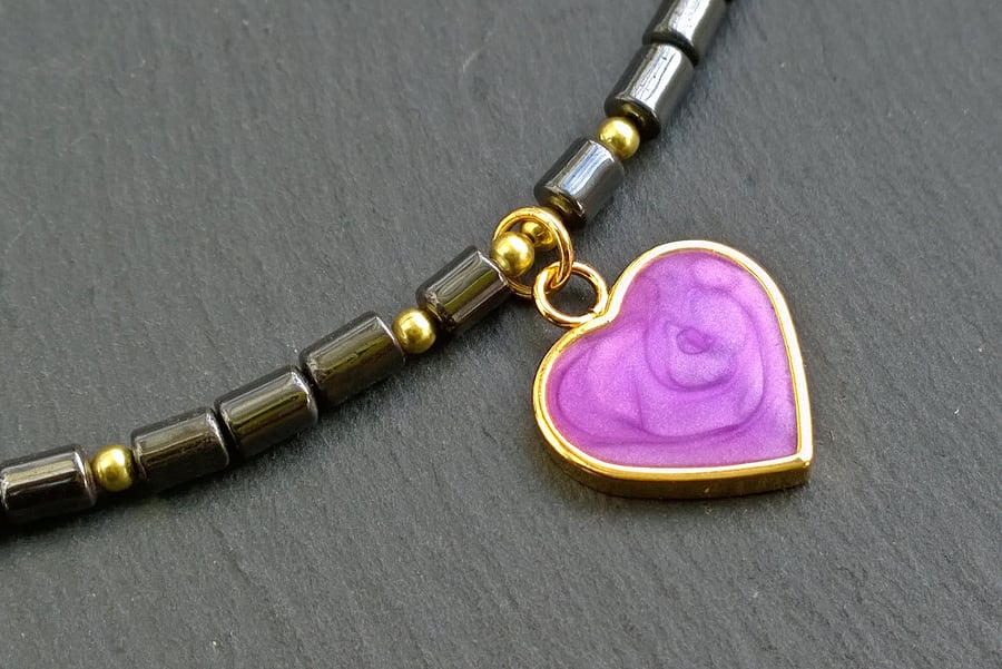 Violet Purple Heart Hematite Necklace