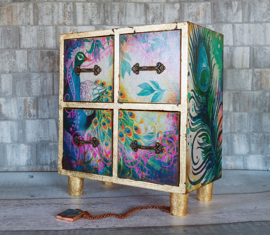 Large Peacocks Mini Chest of Drawers, Jewellery Armoire, Jewellery Box, 