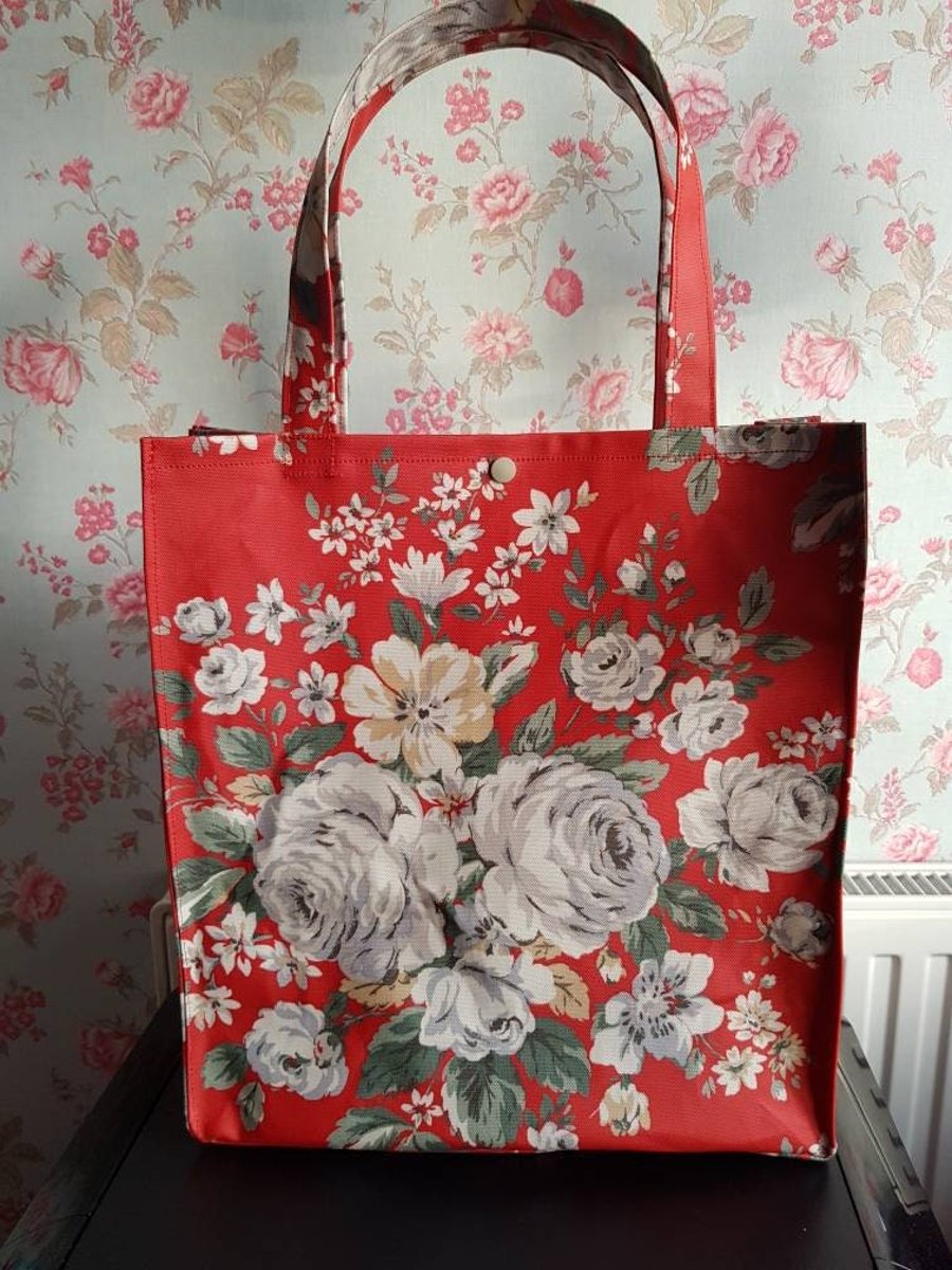 Book tote bag made in red Hampsted Rose Cath Kidston duck cotton
