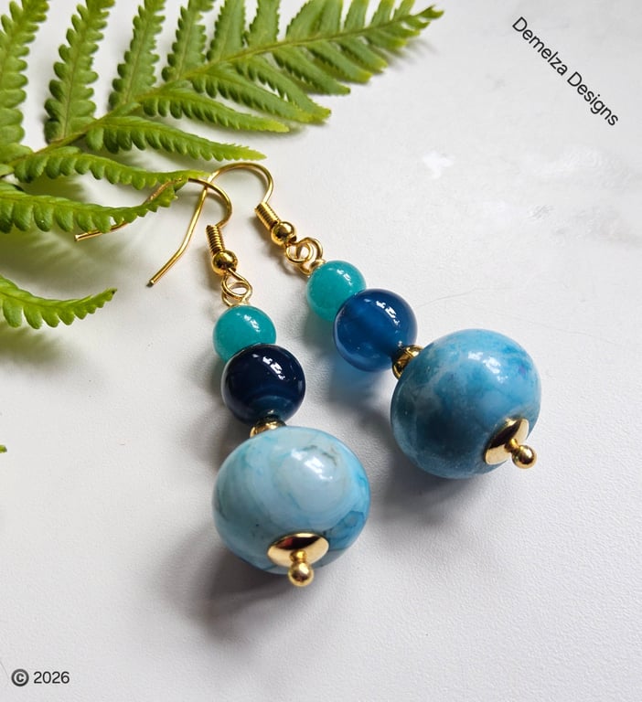 Blue Jasper & Agate Dangle Gold Plated Copper Earrings 