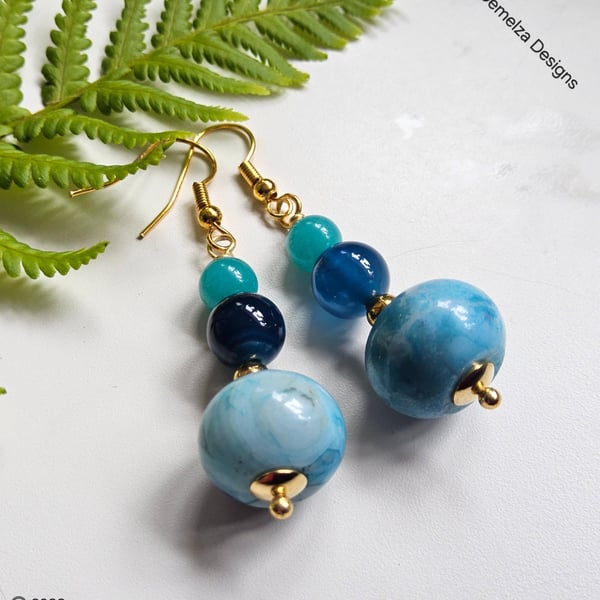 Blue Jasper & Agate Dangle Gold Plated Copper Earrings 