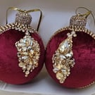 2 Double-Sided Burgundy Velvet Christmas Bauble, 8cm, Gold Crystal Ornament