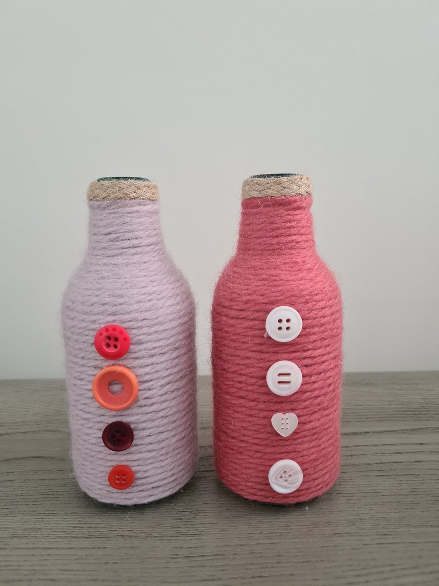 Set of 2 small pink yarn wrapped bottles