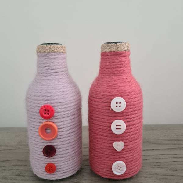 Set of 2 small pink yarn wrapped bottles
