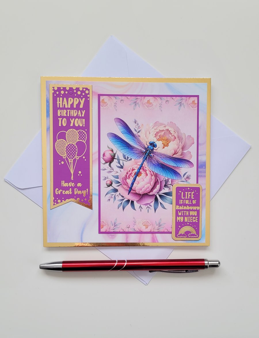 Niece Birthday Card - Dragonfly Floral Peony Handmade Card