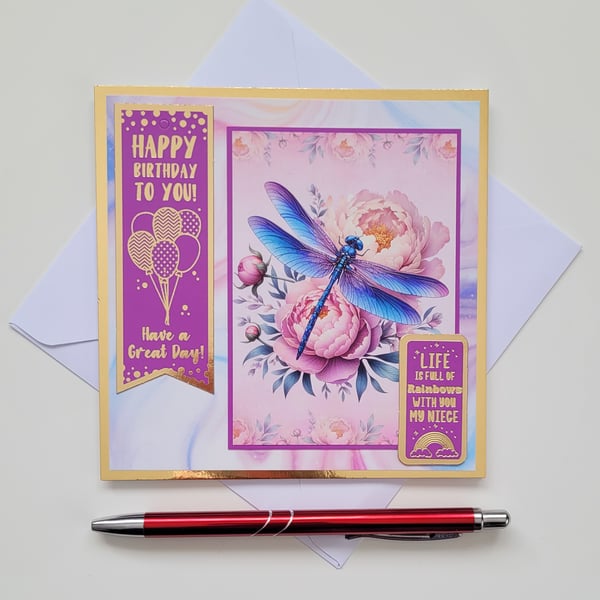 Niece Birthday Card - Dragonfly Floral Peony Handmade Card