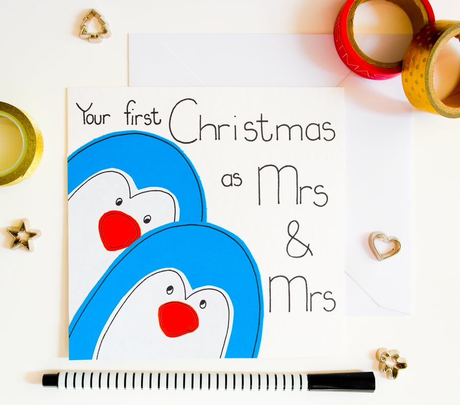 Your First Christmas As Mrs And Mrs Xmas Card, Newly Married Lesbian Xmas Card
