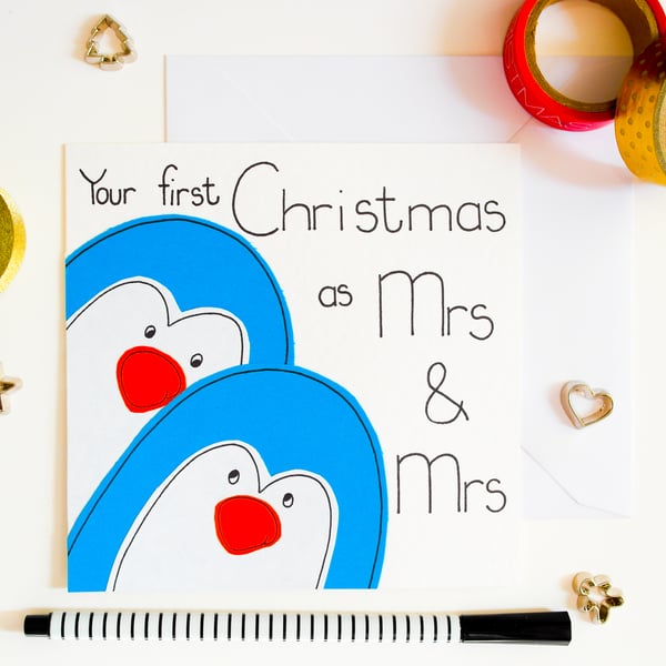 Your First Christmas As Mrs And Mrs Xmas Card, Newly Married Lesbian Xmas Card