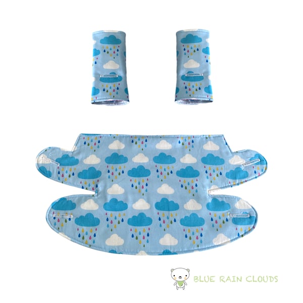 ERGO Baby Carrier Bib & Strap Covers Choice of bright fabrics Blue Rain Clouds