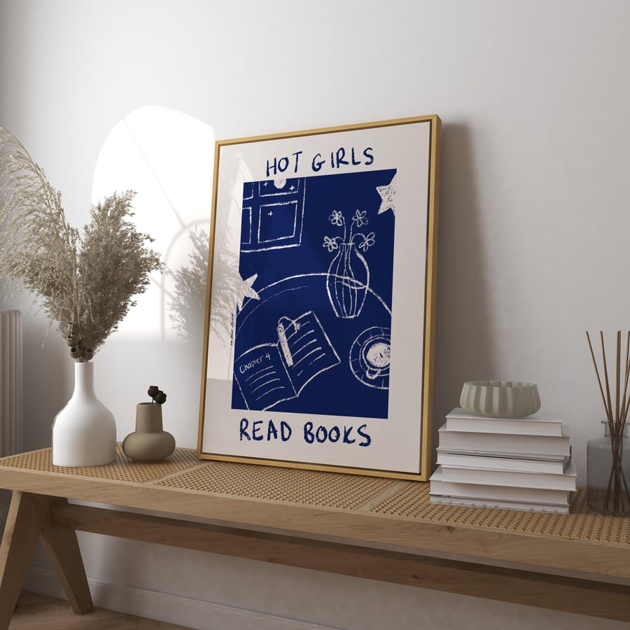 Hot Girls Read Books 2 Print Art Poster, Quote Poster, Trendy Retro Print, Heart