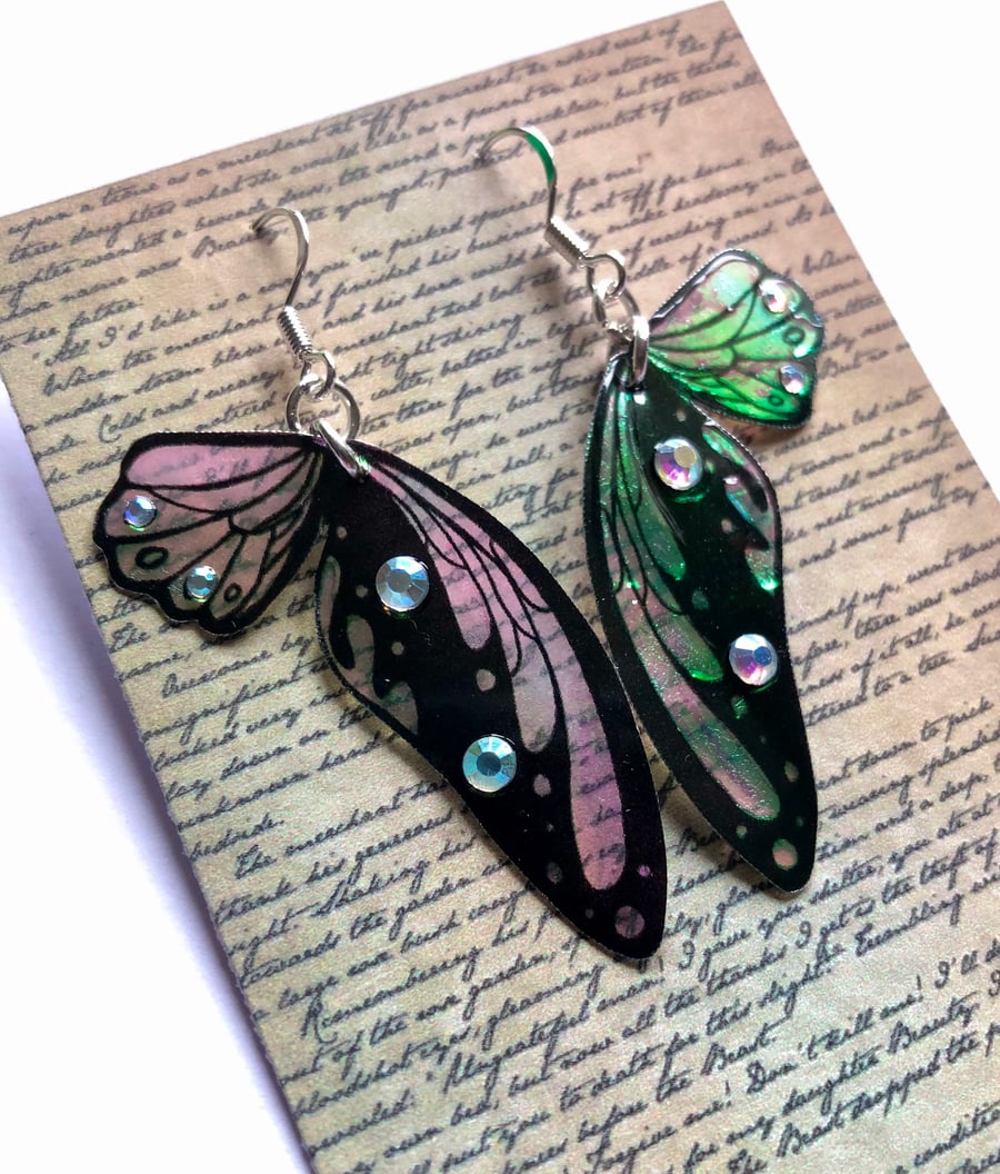 Iridescent and Black Double Fairy Wing Sterling Silver Earrings 