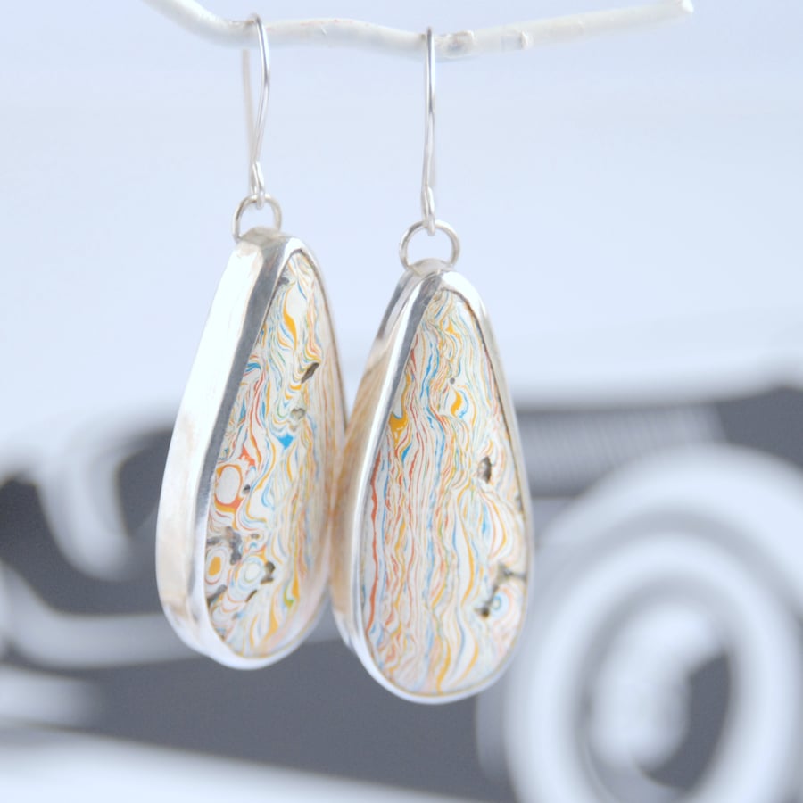 Boatite earrings - blue and yellow marbled
