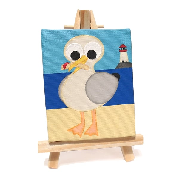 Seagull Eating Chip Original Mini Painting - cute seaside scene with lighthouse