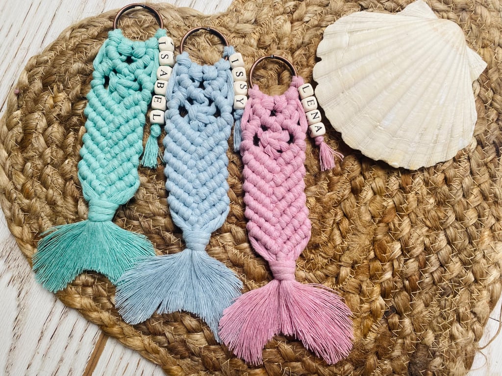 Personalised Handmade Macrame Mermaid Keychain Keyring Bag Charm for Kids Pa