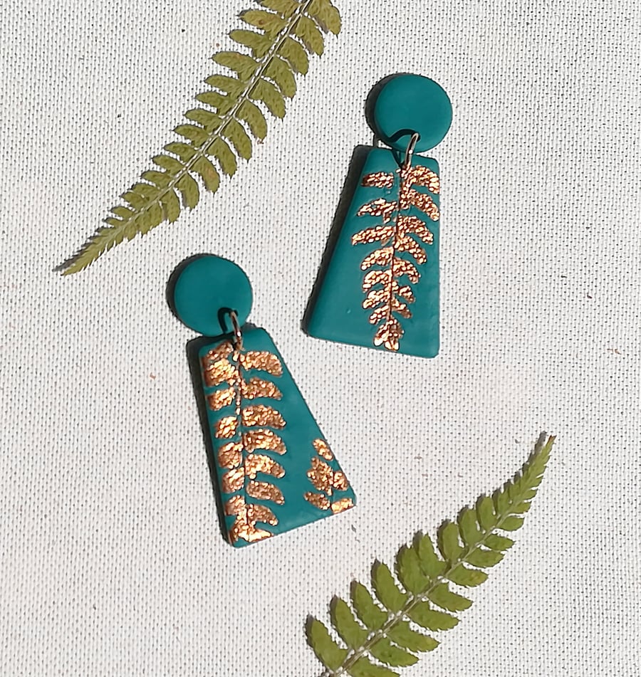 Green & copper fern leaf earrings, botanical dangles