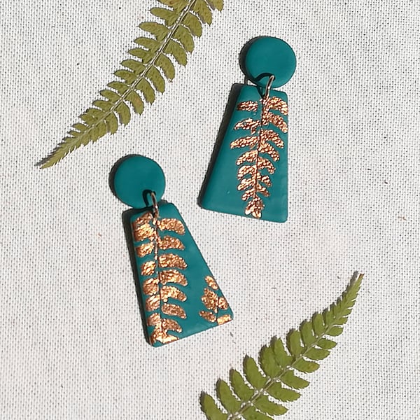 Green & copper fern leaf earrings, botanical dangles