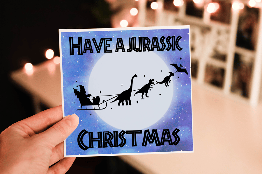 Jurassic Christmas Dinosaur Sleigh Christmas Card, Dinosaur Christmas Card