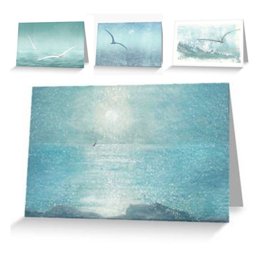 Set of four gull and seascape cards notelets blank for your messege