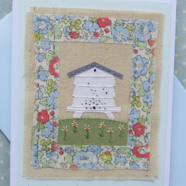 A Little Beehive hand-stitched card with embroidered bees and flowers