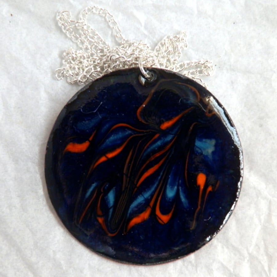 orange and pale blue scrolled on dark blue - large round pendant