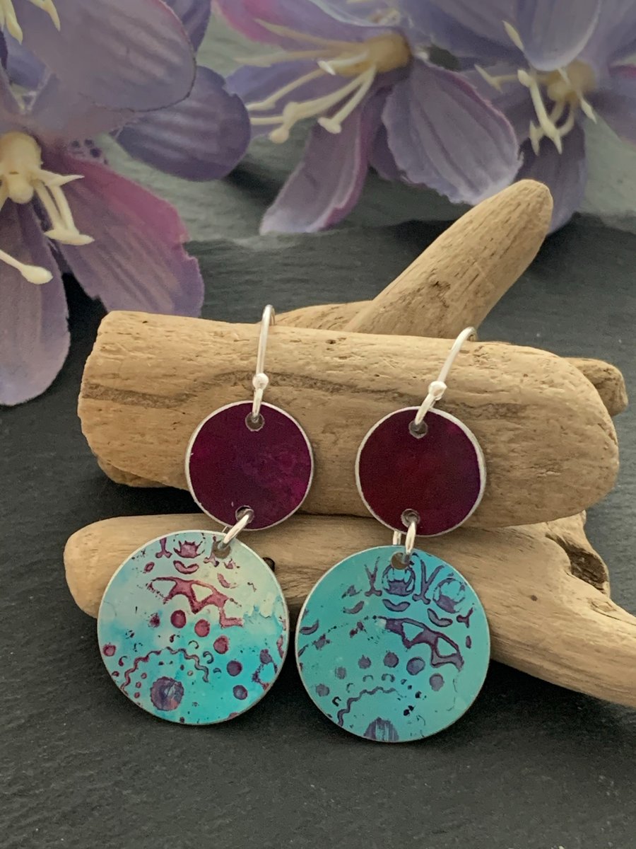 Hand dyed and printed Aluminium and sterling silver earrings -turquoise and pink
