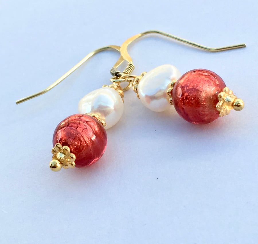 Cherry Venetian Glass Quality Pearl, Gold Vermail Earrings Wedding Valentine