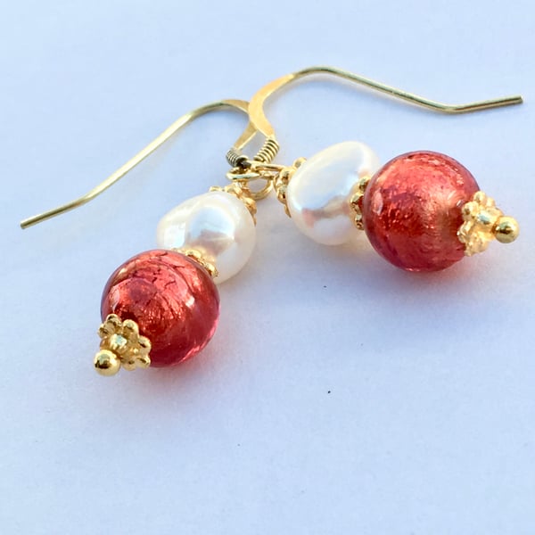 Cherry Venetian Glass Quality Pearl, Gold Vermail Earrings Wedding Valentine