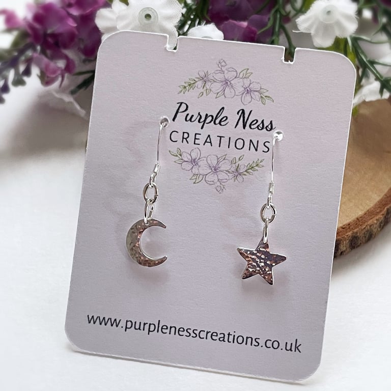 Sterling Silver Hammered Crescent Moon and Star Mismatched Earrings
