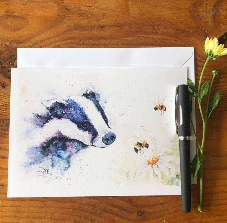 Badgering the Bees Card, A5 blank greeting card with a watercolour badger design