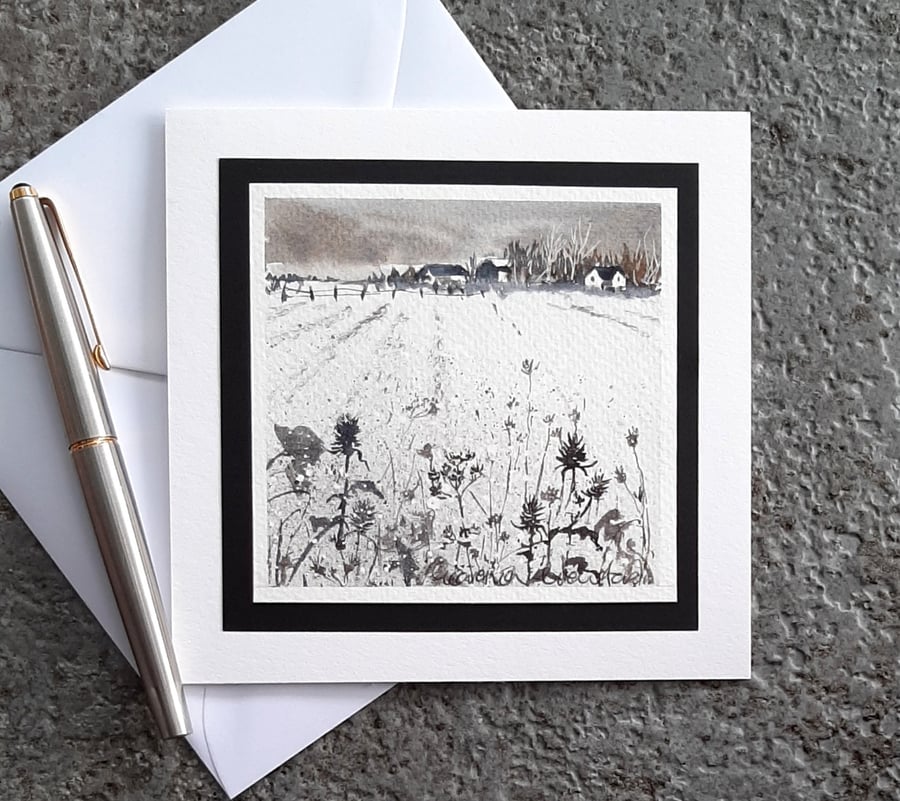 Snowfall. Blank Handpainted Gift Greetings Card. Snowy Winter Painting.