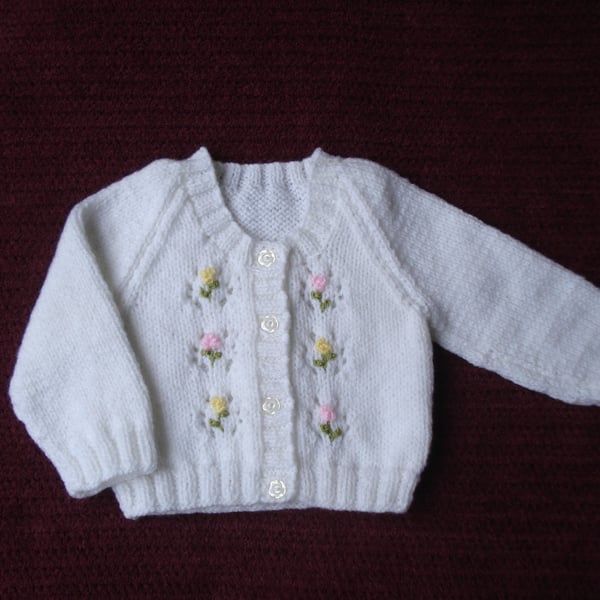 White Cardigan Jacket With Embroidered Pink And Lemon Roses 0-3 Mon (R829)