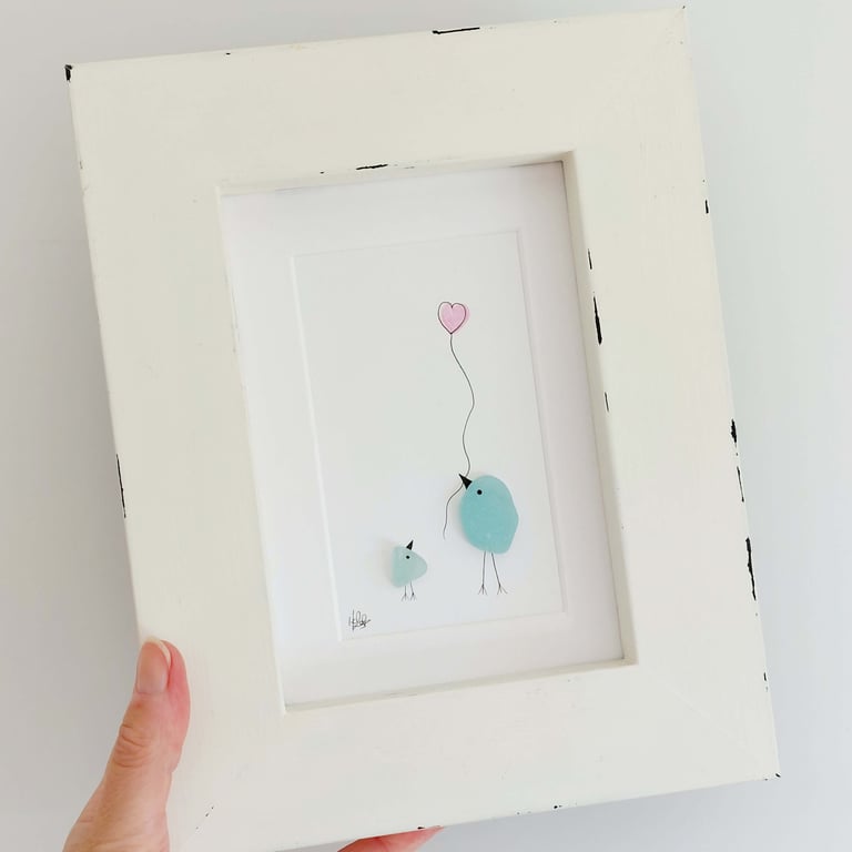 Sea Glass Baby Bird Wall Art - Hand Painted Framed Picture, Nursery Art