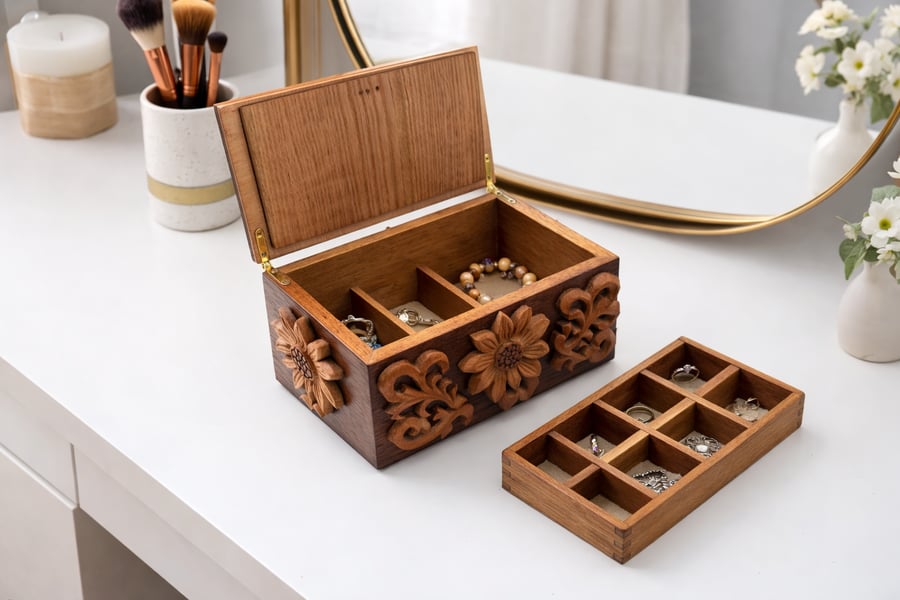 Hand-Carved Hardwood Jewellery Box