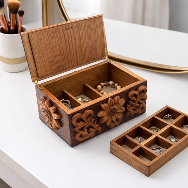 Hand-Carved Hardwood Jewellery Box