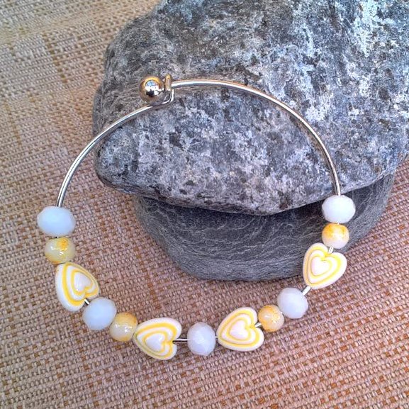 Rigid Bangle with Yellow Hearts and White Faceted Beads, Gift for Her, Bangle