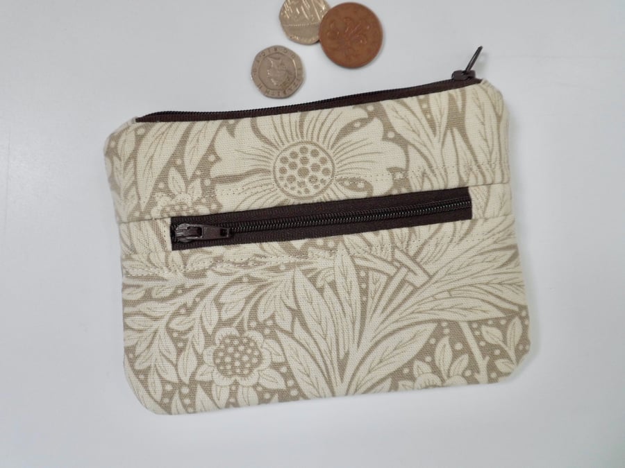Coin purse with front pocket William Morris print fabric in linen & ivory colour