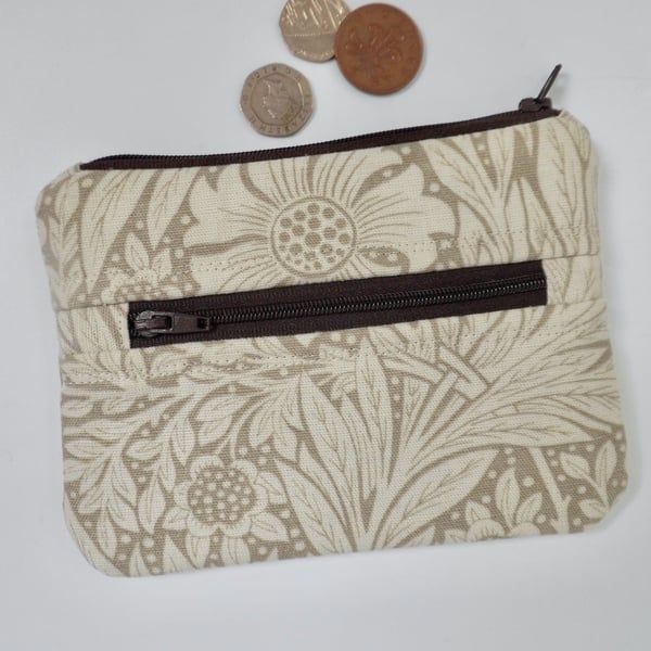 Coin purse with front pocket William Morris print fabric in linen & ivory colour