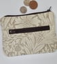 Coin purse with front pocket William Morris print fabric in linen & ivory colour