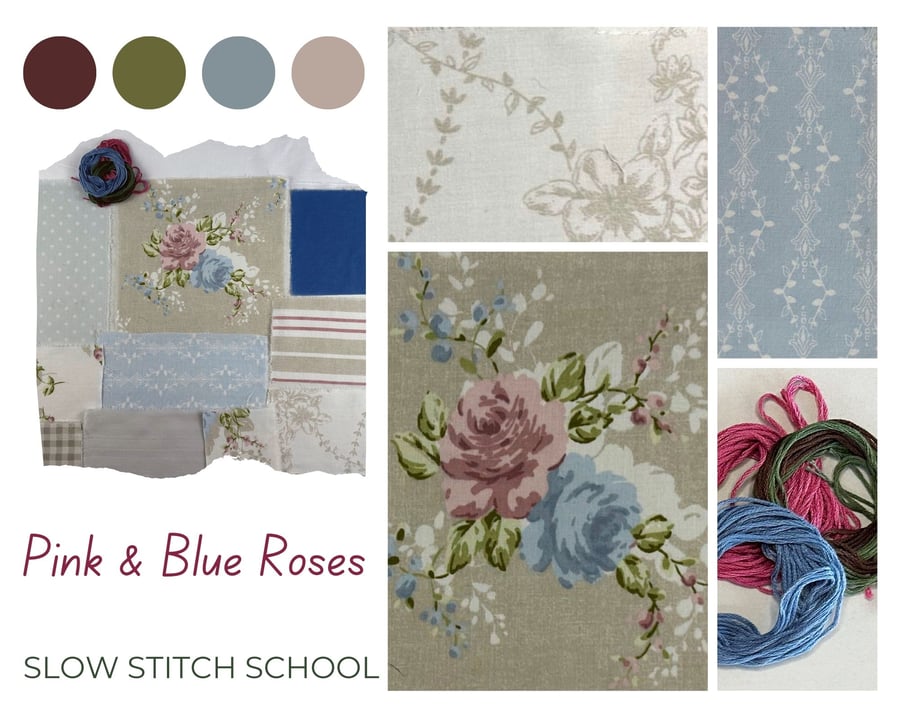 Slow Stitching Scroll Kit - Pink and Blue Roses