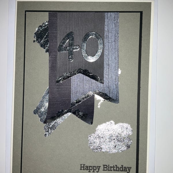 Handcrafted birthday card silver leaf grey and blues