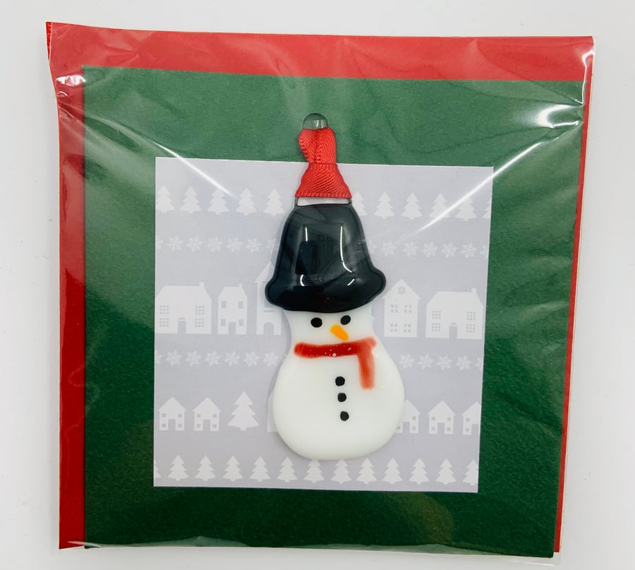 Christmas card with Fused Glass Snowman Tree Decoration.