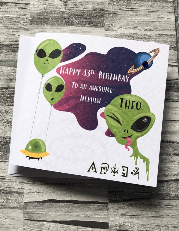 Alien Personalised Card for Boy Teenage Happy Birthday Son Nephew Grandson etc