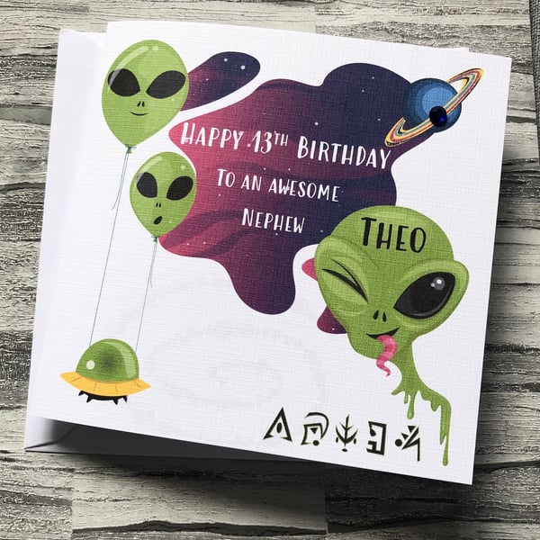 Alien Personalised Card for Boy Teenage Happy Birthday Son Nephew Grandson etc