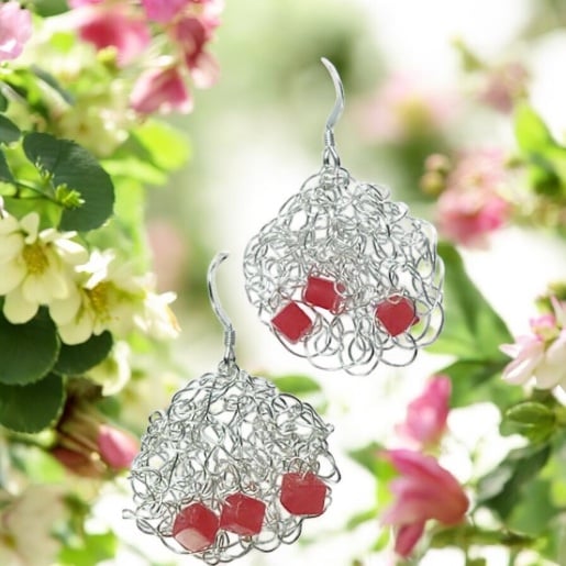 Knitted wire earrings sterling silver with red gemstones