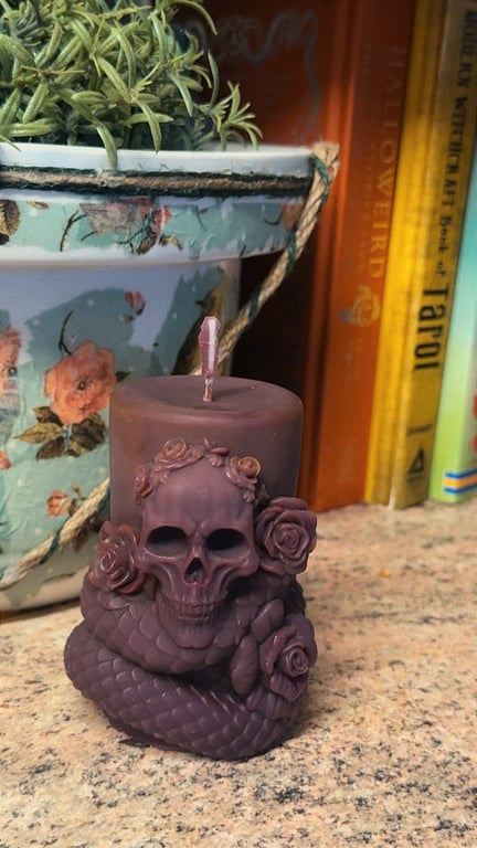 Skull roses and snake design pillar candle Halloween candy corn scented  