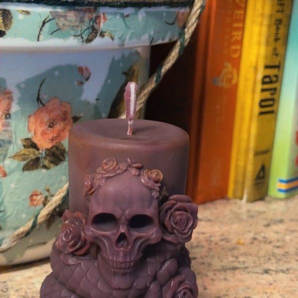 Skull roses and snake design pillar candle Halloween candy corn scented  