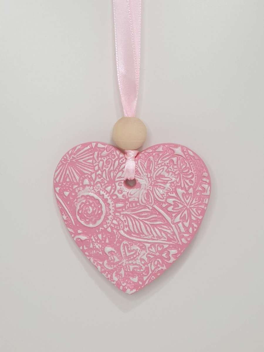 Pink clay Heart hanging decoration, pretty gifts for her