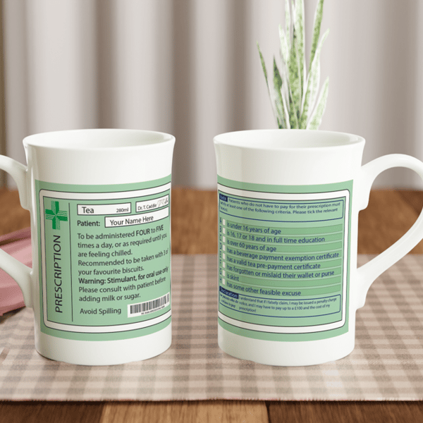 Joke porcelain tea prescription mug and coaster. Gift for medical profession