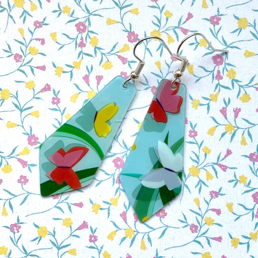 Recycled plastic pale blue butterfly kite shaped earrings