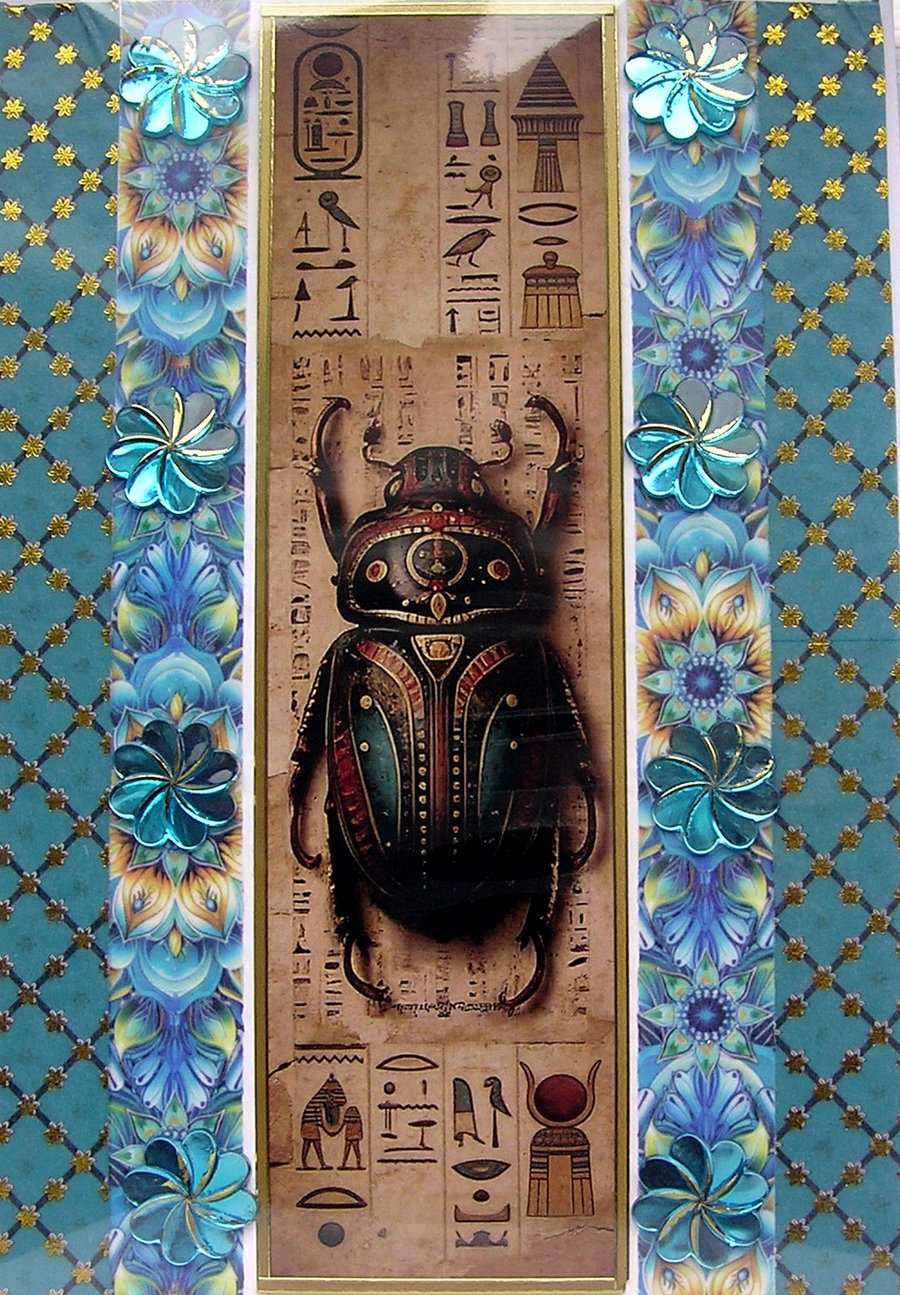Ancient Egyptian Scarab  Beetle - Hand Crafted Decoupage Card - Blank (3288)